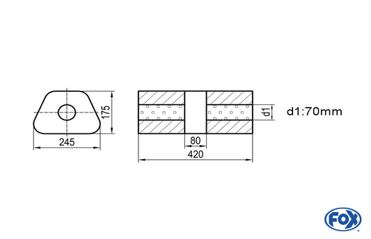 FOX Uni-Schalldämpfer trapez ohne Stutzen mit Kammer - Abw. 711 245x175mm, d1Ø 70mm, Länge: 420mm