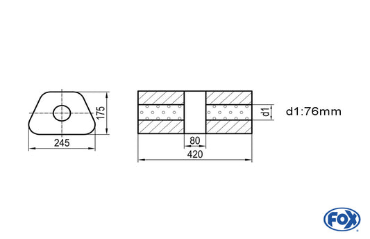 FOX Uni-Schalldämpfer trapez ohne Stutzen mit Kammer - Abw. 711 245x175mm, d1Ø 76mm, Länge: 420mm