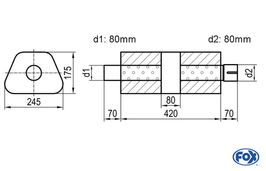 FOX Uni-Schalldämpfer trapez mit Kammer + Stutzen - Abw. 711 245x175mm, d1Ø 80mm (außen), d2Ø 80mm (innen), Länge: 420mm