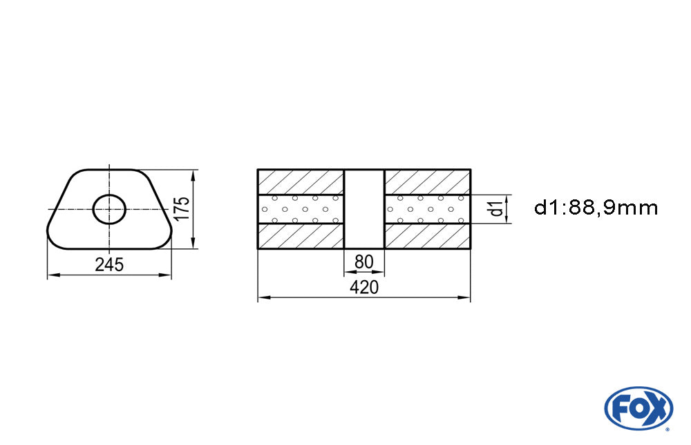 FOX Uni-Schalldämpfer trapez ohne Stutzen mit Kammer - Abw. 711 245x175mm, d1Ø 88,9mm, Länge: 420mm