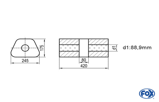 FOX Uni-Schalldämpfer trapez ohne Stutzen mit Kammer - Abw. 711 245x175mm, d1Ø 88,9mm, Länge: 420mm
