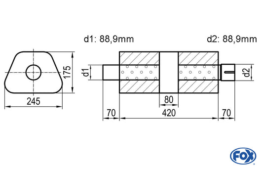 FOX Uni-Schalldämpfer trapez mit Kammer + Stutzen - Abw. 711 245x175mm, d1Ø 88,9mm (außen), d2Ø 88,9mm (innen), Länge: 420mm