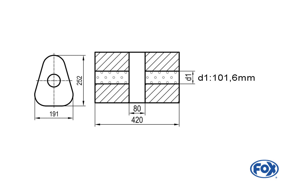 FOX Uni-Schalldämpfer dreieck ohne Stutzen mit Kammer - Abw. 725 191x252mm, d1Ø 101,6mm, Länge: 420mm