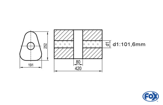 FOX Uni-Schalldämpfer dreieck ohne Stutzen mit Kammer - Abw. 725 191x252mm, d1Ø 101,6mm, Länge: 420mm