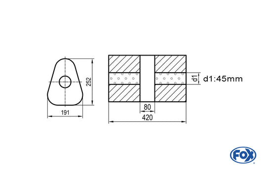 FOX Uni-Schalldämpfer dreieck ohne Stutzen mit Kammer - Abw. 725 191x252mm, d1Ø 45mm, Länge: 420mm