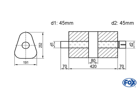 FOX Uni-Schalldämpfer dreieck mit Kammer + Stutzen - Abw. 725 191x252mm, d1Ø 45mm (außen), d2Ø 45mm (innen), Länge: 420mm