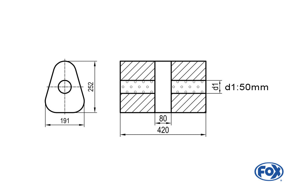 FOX Uni-Schalldämpfer dreieck ohne Stutzen mit Kammer - Abw. 725 191x252mm, d1Ø 50mm, Länge: 420mm