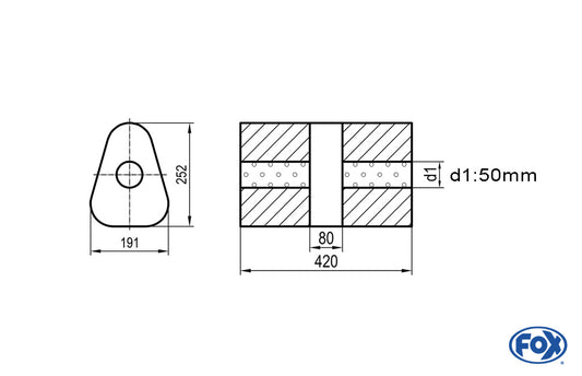 FOX Uni-Schalldämpfer dreieck ohne Stutzen mit Kammer - Abw. 725 191x252mm, d1Ø 50mm, Länge: 420mm