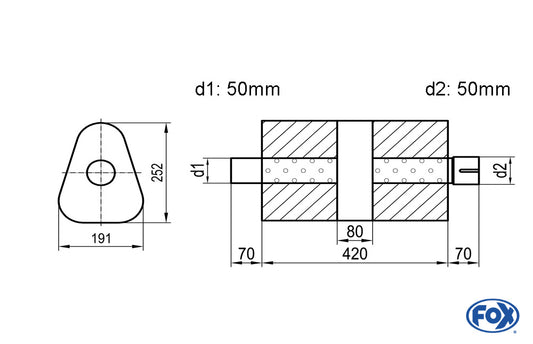 FOX Uni-Schalldämpfer dreieck mit Kammer + Stutzen - Abw. 725 191x252mm, d1Ø 50mm (außen), d2Ø 50mm (innen), Länge: 420mm