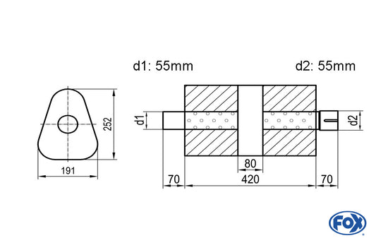 FOX Uni-Schalldämpfer dreieck mit Kammer + Stutzen - Abw. 725 191x252mm, d1Ø 55mm (außen), d2Ø 55mm (innen), Länge: 420mm