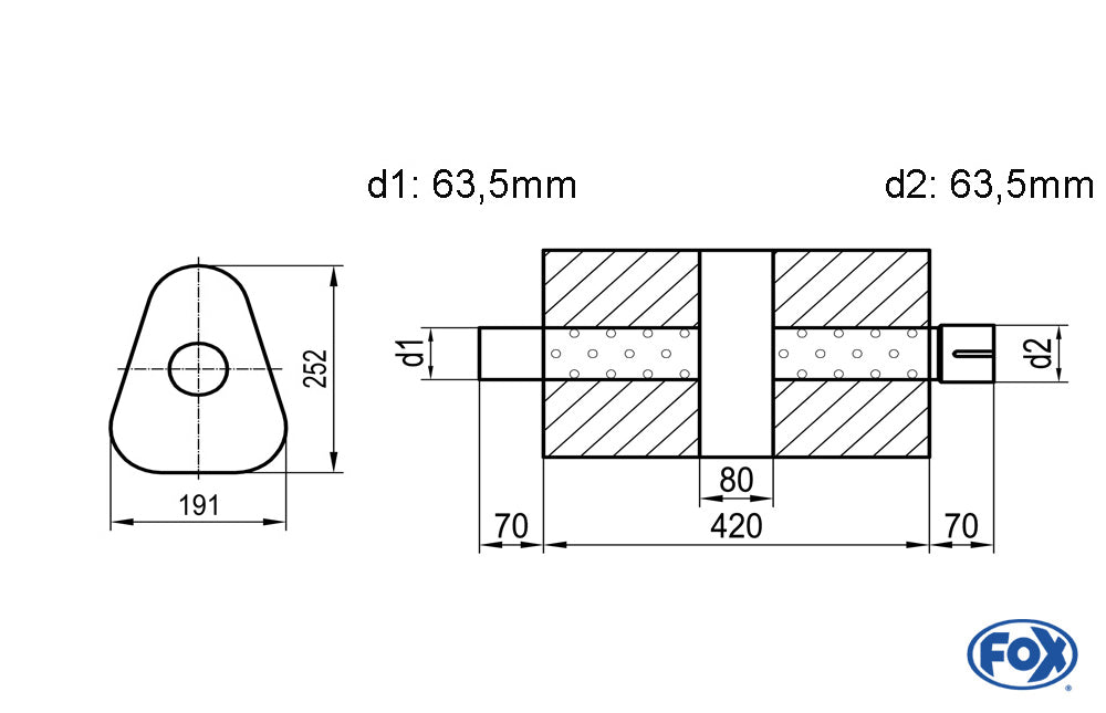 FOX Uni-Schalldämpfer dreieck mit Kammer + Stutzen - Abw. 725 191x252mm, d1Ø 63,5mm (außen), d2Ø 63,5mm (innen), Länge: 420mm