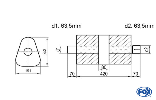 FOX Uni-Schalldämpfer dreieck mit Kammer + Stutzen - Abw. 725 191x252mm, d1Ø 63,5mm (außen), d2Ø 63,5mm (innen), Länge: 420mm