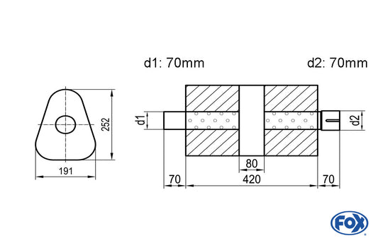 FOX Uni-Schalldämpfer dreieck mit Kammer + Stutzen - Abw. 725 191x252mm, d1Ø 70mm (außen), d2Ø 70mm (innen), Länge: 420mm