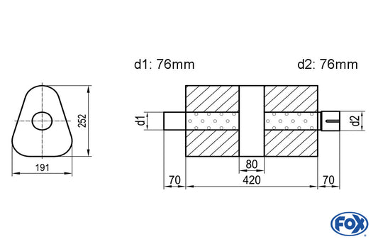 FOX Uni-Schalldämpfer dreieck mit Kammer + Stutzen - Abw. 725 191x252mm, d1Ø 76mm (außen), d2Ø 76mm (innen), Länge: 420mm