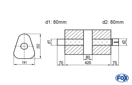 FOX Uni-Schalldämpfer dreieck mit Kammer + Stutzen - Abw. 725 191x252mm, d1Ø 80mm (außen), d2Ø 80mm (innen), Länge: 420mm