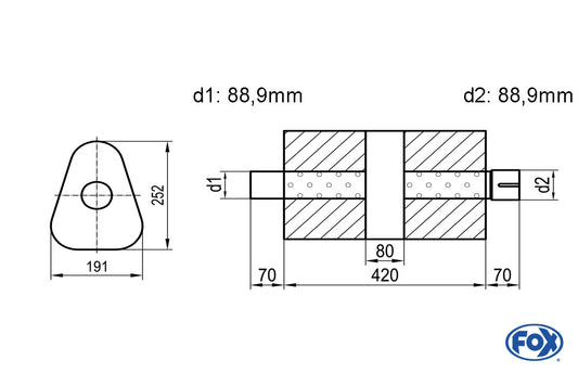 FOX Uni-Schalldämpfer dreieck mit Kammer + Stutzen - Abw. 725 191x252mm, d1Ø 88,9mm (außen), d2Ø 88,9mm (innen), Länge: 420mm