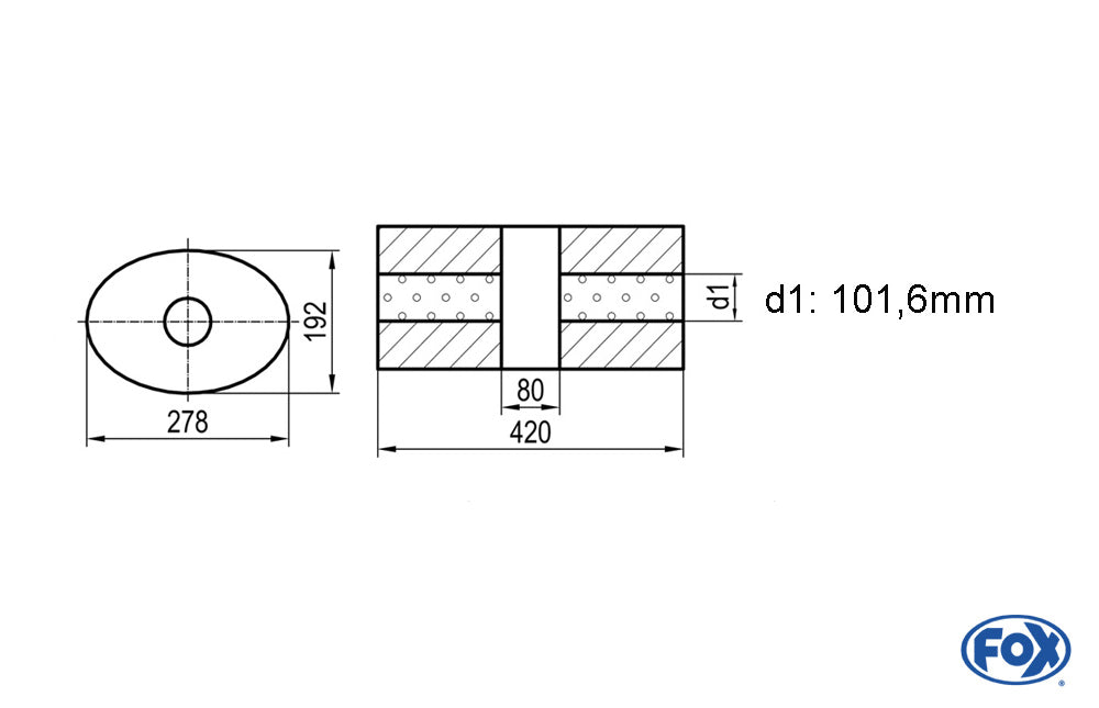 FOX Uni-Schalldämpfer oval ohne Stutzen mit Kammer - Abw. 754 278x192mm, d1Ø 101,6mm, Länge: 420mm