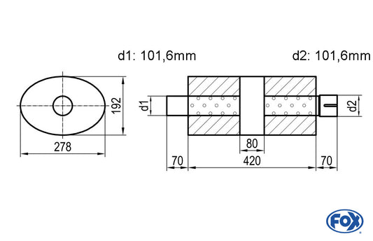 FOX Uni-Schalldämpfer oval mit Kammer + Stutzen - Abw. 754 278x192mm, d1Ø 101,6mm (außen), d2Ø 101,6mm (innen), Länge: 420mm