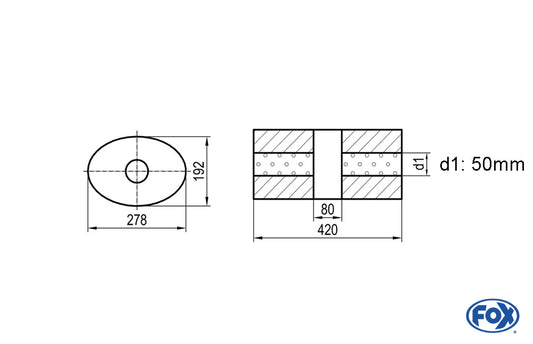 FOX Uni-Schalldämpfer oval ohne Stutzen mit Kammer - Abw. 754 278x192mm, d1Ø 50mm, Länge: 420mm