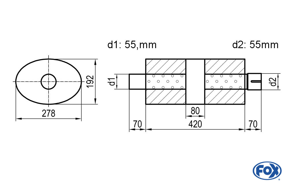 FOX Uni-Schalldämpfer oval mit Kammer + Stutzen - Abw. 754 278x192mm, d1Ø 55mm (außen), d2Ø 55mm (innen), Länge: 420mm