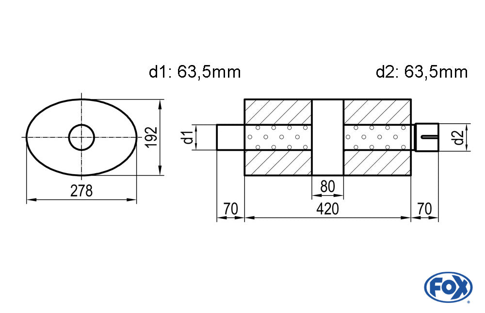 FOX Uni-Schalldämpfer oval mit Kammer + Stutzen - Abw. 754 278x192mm, d1Ø 63,5mm (außen), d2Ø 63,5mm (innen), Länge: 420mm