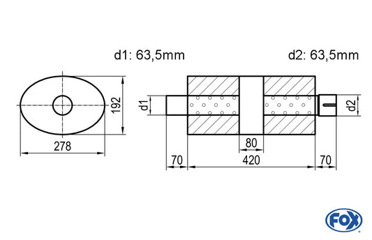 FOX Uni-Schalldämpfer oval mit Kammer + Stutzen - Abw. 754 278x192mm, d1Ø 63,5mm (außen), d2Ø 63,5mm (innen), Länge: 420mm