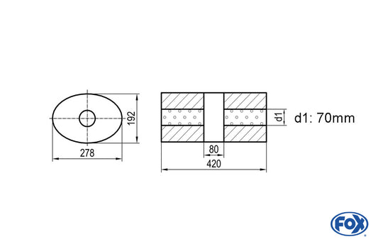 FOX Uni-Schalldämpfer oval ohne Stutzen mit Kammer - Abw. 754 278x192mm, d1Ø 70mm, Länge: 420mm