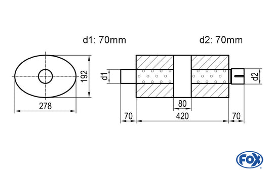 FOX Uni-Schalldämpfer oval mit Kammer + Stutzen - Abw. 754 278x192mm, d1Ø 70mm (außen), d2Ø 70mm (innen), Länge: 420mm