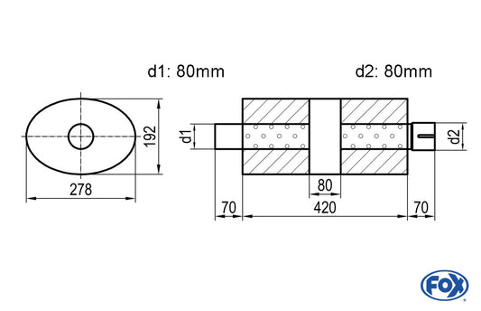 FOX Uni-Schalldämpfer oval mit Kammer + Stutzen - Abw. 754 278x192mm, d1Ø 80mm (außen), d2Ø 80mm (innen), Länge: 420mm