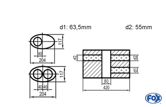 FOX Uni-Schalldämpfer oval zweiflutig mit Kammer -Abwicklung 525 204x117mm, d1Ø 63,5mm  d2Ø 55mm, Länge: 420mm - Variante 1