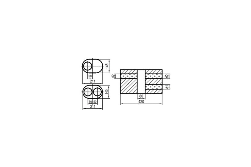 FOX Uni-Schalldämpfer oval zweiflutig mit Kammer -Abwicklung 585 211x145mm, d1Ø 76mm  d2Ø 63,5mm, Länge: 420mm - Variante 1