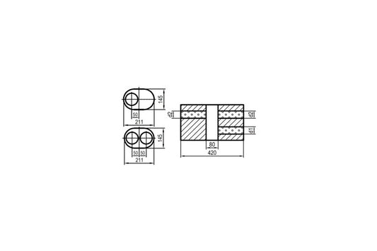 FOX Uni-Schalldämpfer oval zweiflutig mit Kammer -Abwicklung 585 211x145mm, d1Ø 76mm  d2Ø 63,5mm, Länge: 420mm - Variante 1