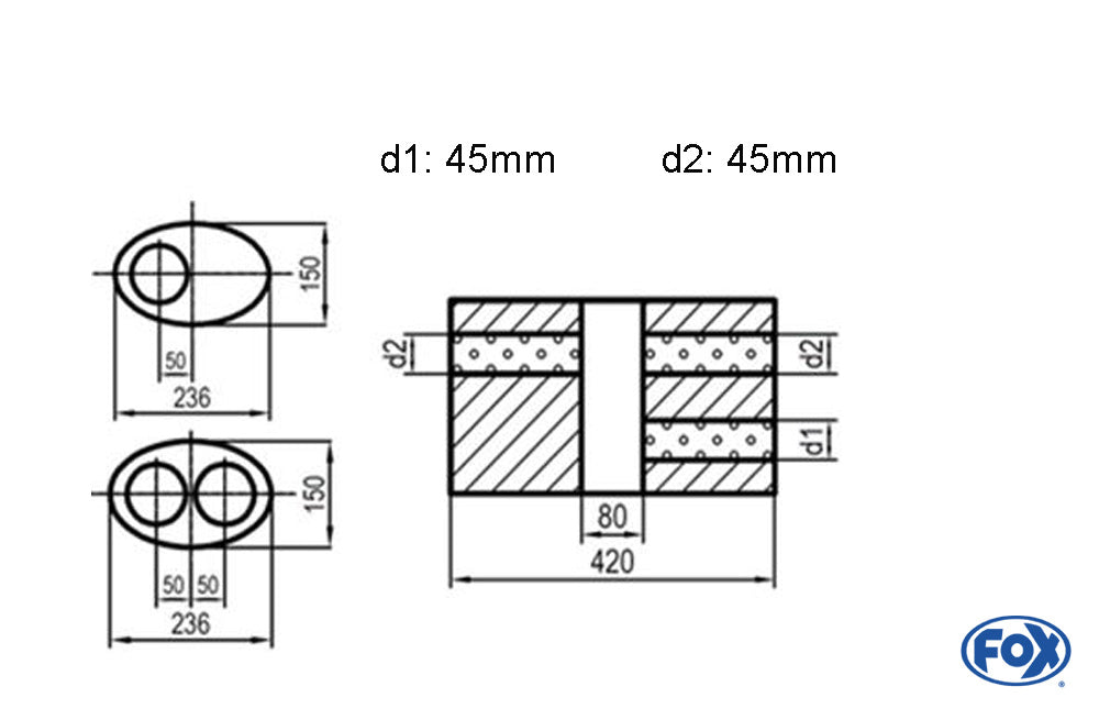 FOX Uni-Schalldämpfer oval zweiflutig mit Kammer -Abwicklung 618 236x150mm, d1Ø 45mm  d2Ø 40mm, Länge: 420mm - Variante 1