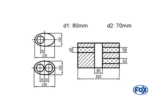 FOX Uni-Schalldämpfer oval zweiflutig mit Kammer -Abwicklung 618 236x150mm, d1Ø 80 mm  d2Ø 70mm, Länge: 420mm - Variante 1