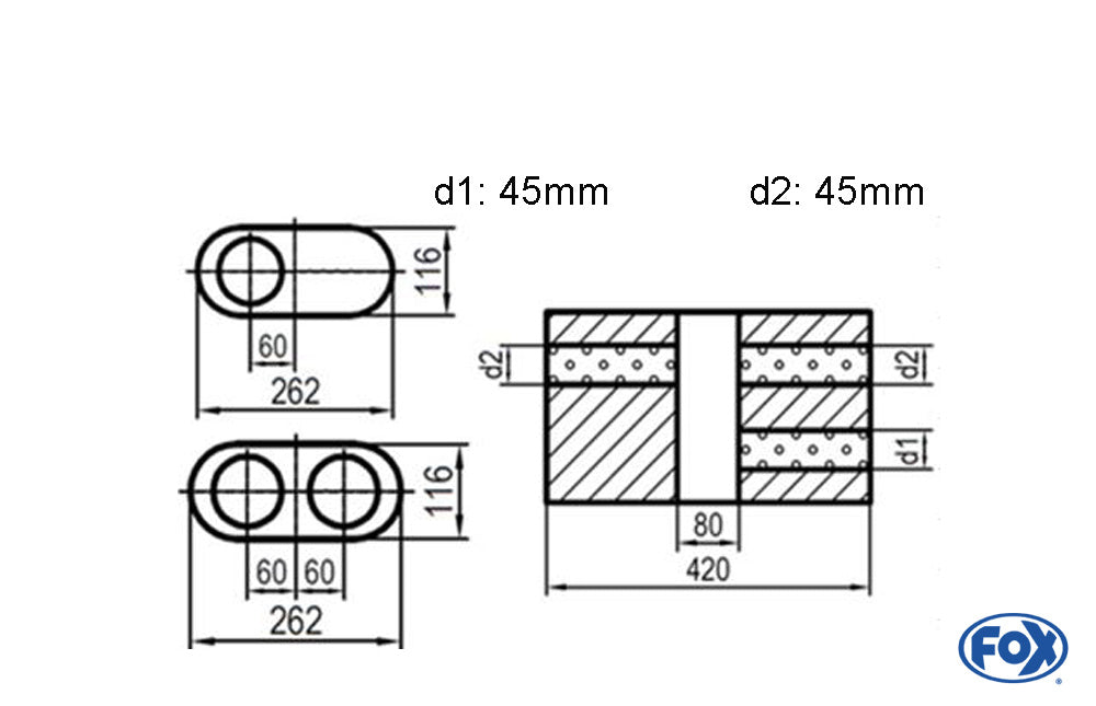 FOX Uni-Schalldämpfer oval zweiflutig mit Kammer - Abw. 650 262x116mm, d1Ø 45mm  d2Ø 40mm, Länge: 420mm - Variante 1