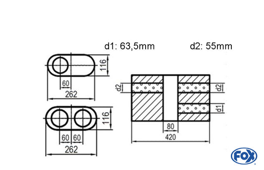 FOX Uni-Schalldämpfer oval zweiflutig mit Kammer - Abw. 650 262x116mm, d1Ø 63,5mm  d2Ø 55mm, Länge: 420mm - Variante 1