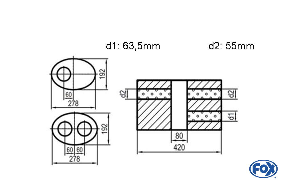 FOX Uni-Schalldämpfer oval zweiflutig mit Kammer - Abw. 754 278x192mm, d1Ø 63,5mm  d2Ø 55mm, Länge: 420mm - Variante 1