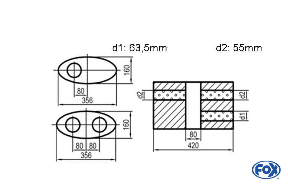 FOX Uni-Schalldämpfer oval zweiflutig mit Kammer - Abw. 818 356x160mm, d1Ø 63,5mm  d2Ø 55mm, Länge: 420mm - Variante 1