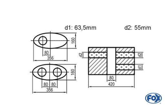 FOX Uni-Schalldämpfer oval zweiflutig mit Kammer - Abw. 818 356x160mm, d1Ø 63,5mm  d2Ø 55mm, Länge: 420mm - Variante 1