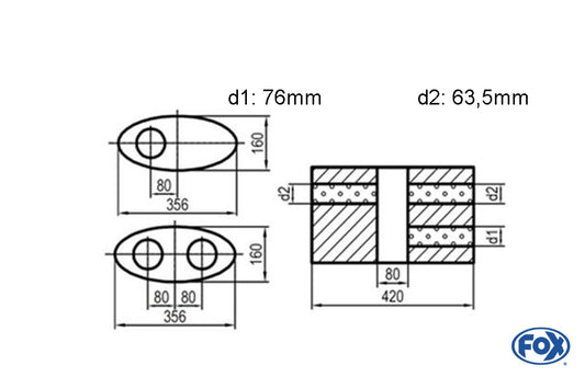 FOX Uni-Schalldämpfer oval zweiflutig mit Kammer - Abw. 818 356x160mm, d1Ø 76mm  d2Ø 63,5mm, Länge: 420mm - Variante 1