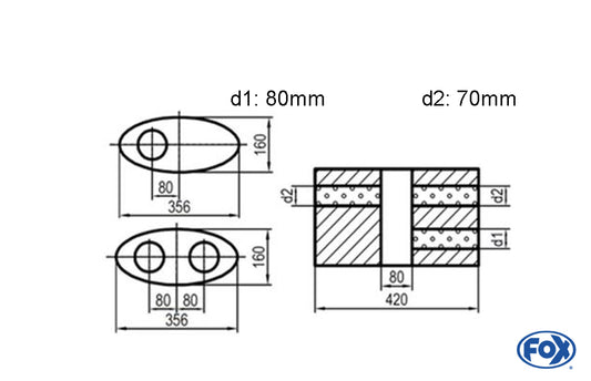 FOX Uni-Schalldämpfer oval zweiflutig mit Kammer - Abw. 818 356x160mm, d1Ø 80mm  d2Ø 70mm, Länge: 420mm - Variante 1