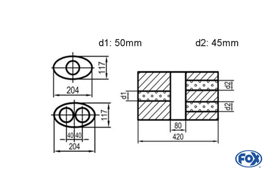 FOX Uni-Schalldämpfer oval zweiflutig mit Kammer - Abw. 525 204x117mm, d1Ø 50mm  d2Ø 45mm, Länge: 420mm - Variante 2