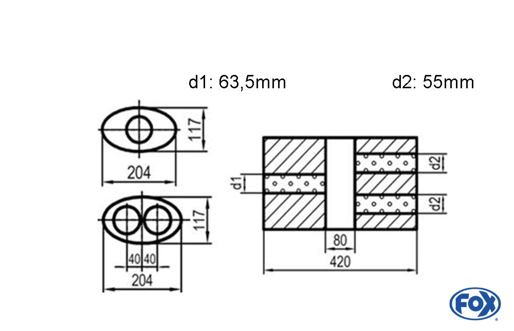 FOX Uni-Schalldämpfer oval zweiflutig mit Kammer - Abw. 525 204x117mm, d1Ø 63,5mm  d2Ø 55mm, Länge: 420mm - Variante 2