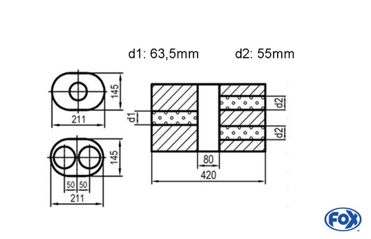 FOX Uni-Schalldämpfer oval zweiflutig mit Kammer - Abw. 585 211x145mm, d1Ø 63,5mm  d2Ø 55mm, Länge: 420mm - Variante 2