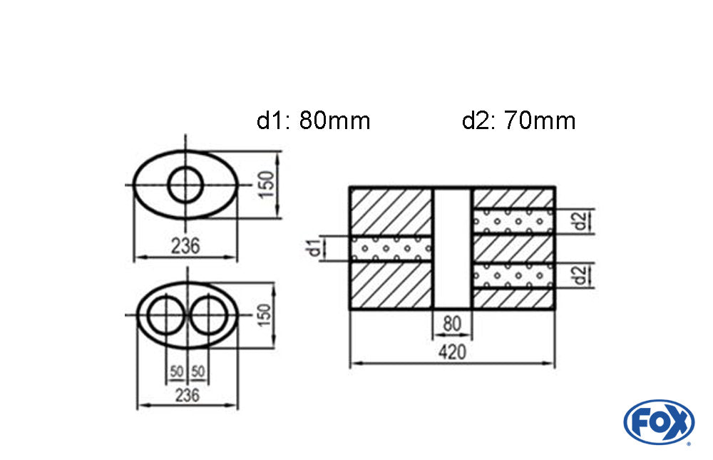FOX Uni-Schalldämpfer oval zweiflutig mit Kammer - Abw. 618 236x150mm, d1Ø 80mm  d2Ø 70mm, Länge: 420mm - Variante 2
