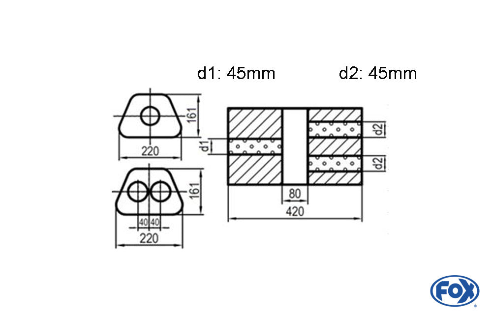 FOX Uni-Schalldämpfer Trapezoid zweiflutig mit Kammer - Abw. 644 220x161mm, d1Ø 45mm  d2Ø 40mm, Länge: 420mm - Variante 2