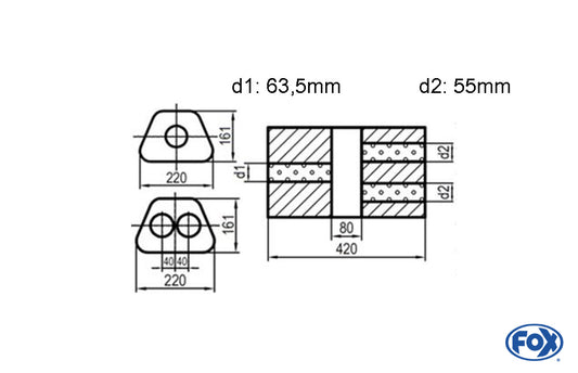 FOX Uni-Schalldämpfer Trapezoid zweiflutig mit Kammer - Abw. 644 220x161mm, d1Ø 63,5mm  d2Ø 55mm, Länge: 420mm - Variante 2