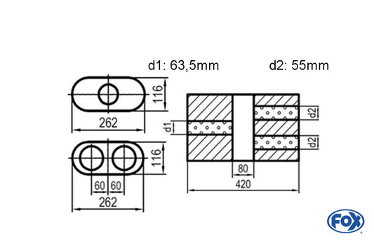 FOX Uni-Schalldämpfer oval zweiflutig mit Kammer - Abw. 650 262x116mm, d1Ø 63,5mm  d2Ø 55mm, Länge: 420mm - Variante 2