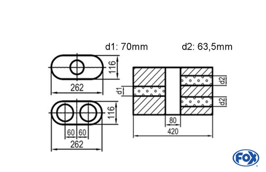 FOX Uni-Schalldämpfer oval zweiflutig mit Kammer - Abw. 650 262x116mm, d1Ø 70mm  d2Ø 63,5mm, Länge: 420mm - Variante 2