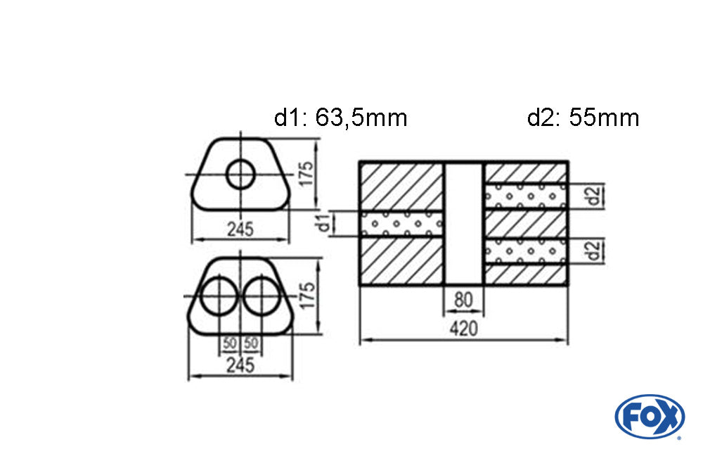 FOX Uni-Schalldämpfer Trapezoid zweiflutig mit Kammer - Abw. 711 245x175mm, d1Ø 63,5mm  d2Ø 55mm, Länge: 420mm - Variante 2